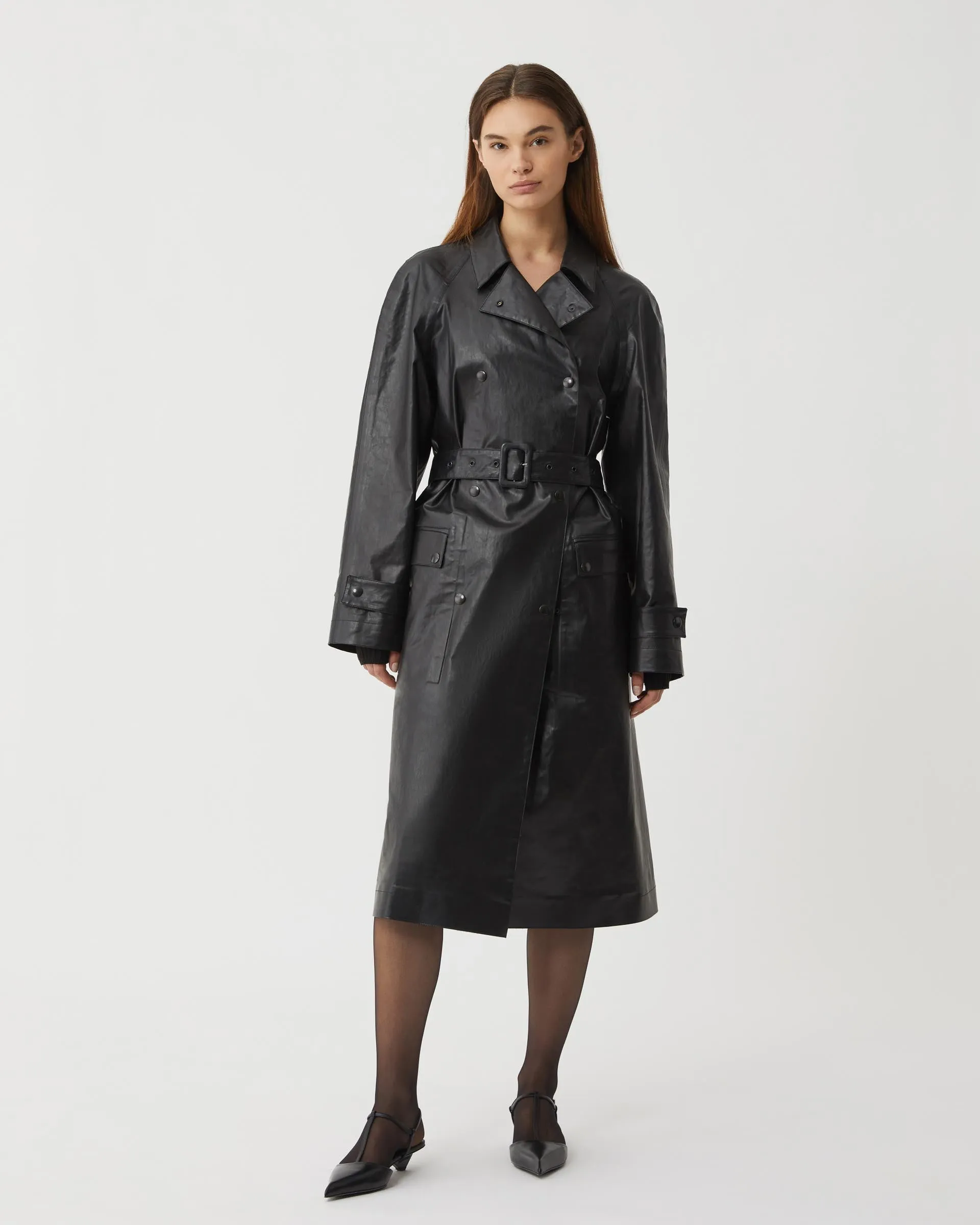 Madeleine Trench in Coated Cotton, Black