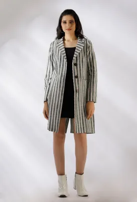 Madilyn Green Striped Pure Woven Cotton Trench Coat