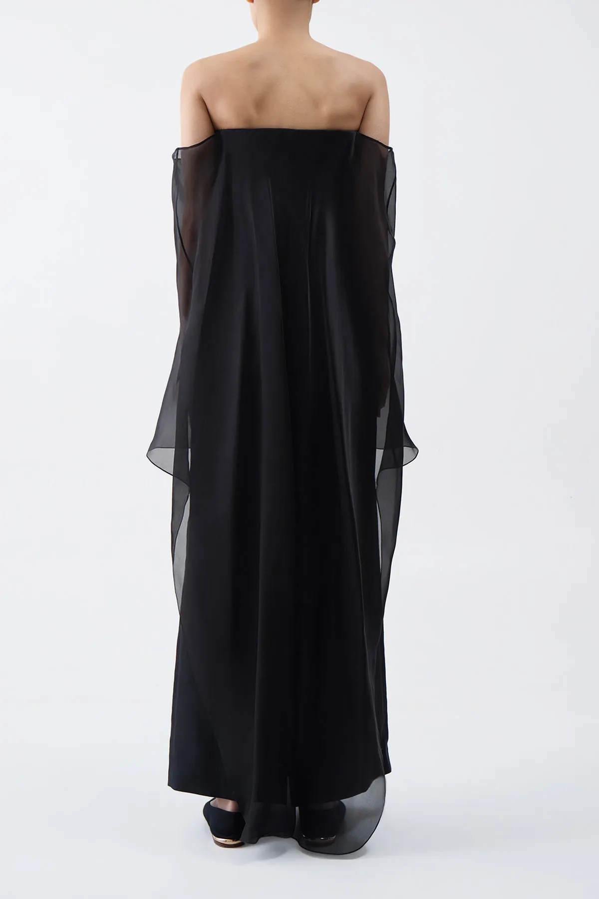 Marisha Maxi Dress in Black Textured Linen with Silk Organza Sheer Cape