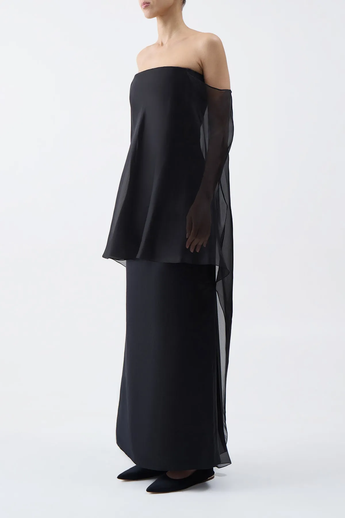 Marisha Maxi Dress in Black Textured Linen with Silk Organza Sheer Cape