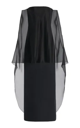 Marisha Maxi Dress in Black Textured Linen with Silk Organza Sheer Cape