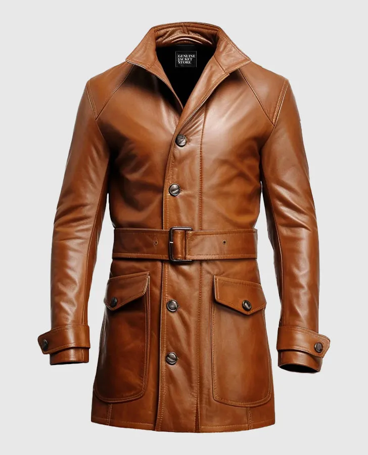 Men's Vintage Big Pockets Tan Brown Leather Coat