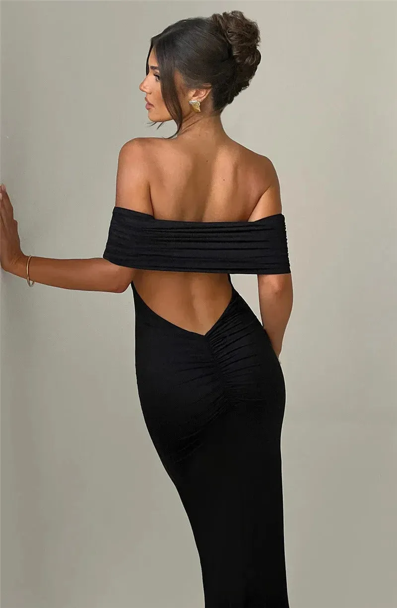 Mozision Strapless Backless Sexy Maxi Dress For Women Black Solid Off-shoulder Sleeveless Bodycon Club Party Long Dress Elegant