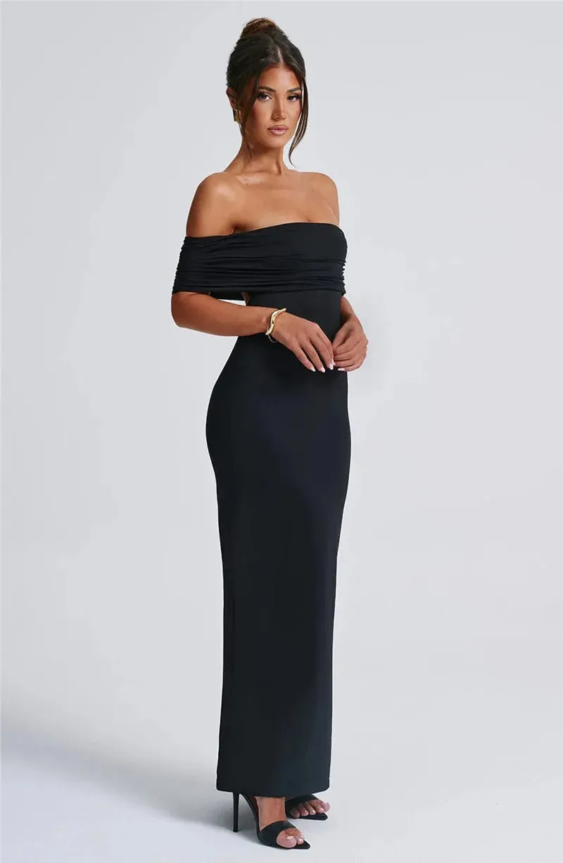 Mozision Strapless Backless Sexy Maxi Dress For Women Black Solid Off-shoulder Sleeveless Bodycon Club Party Long Dress Elegant