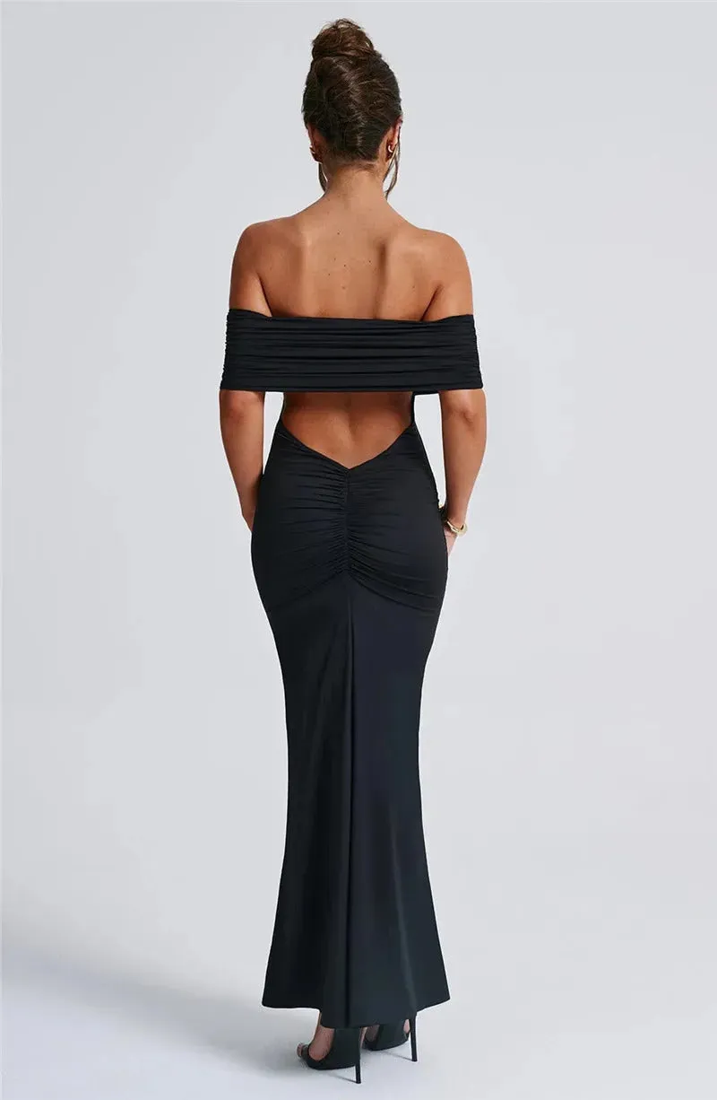 Mozision Strapless Backless Sexy Maxi Dress For Women Black Solid Off-shoulder Sleeveless Bodycon Club Party Long Dress Elegant