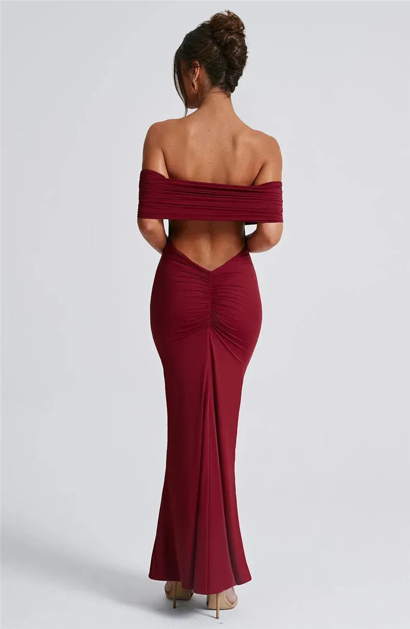 Mozision Strapless Backless Sexy Maxi Dress For Women Black Solid Off-shoulder Sleeveless Bodycon Club Party Long Dress Elegant