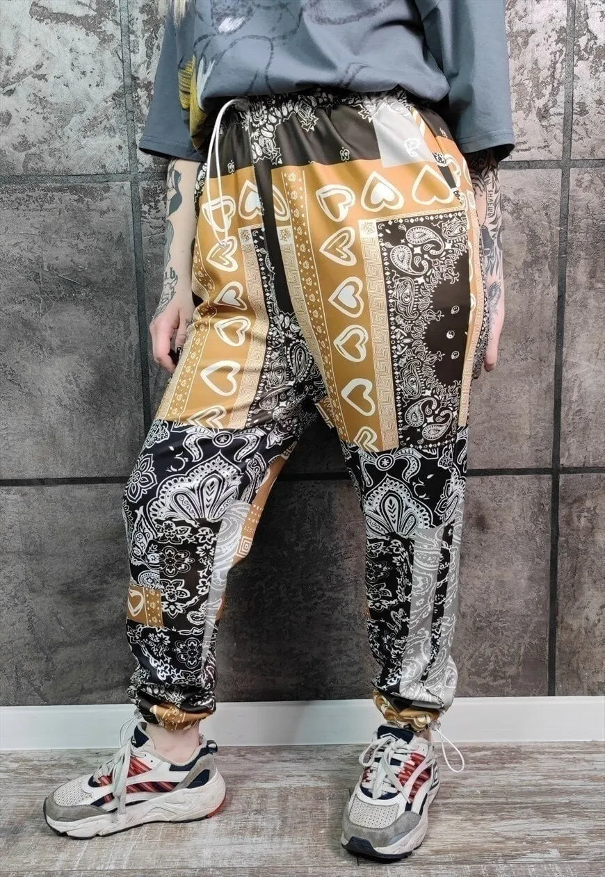 Paisley print joggers handmade bandanna overalls in brown