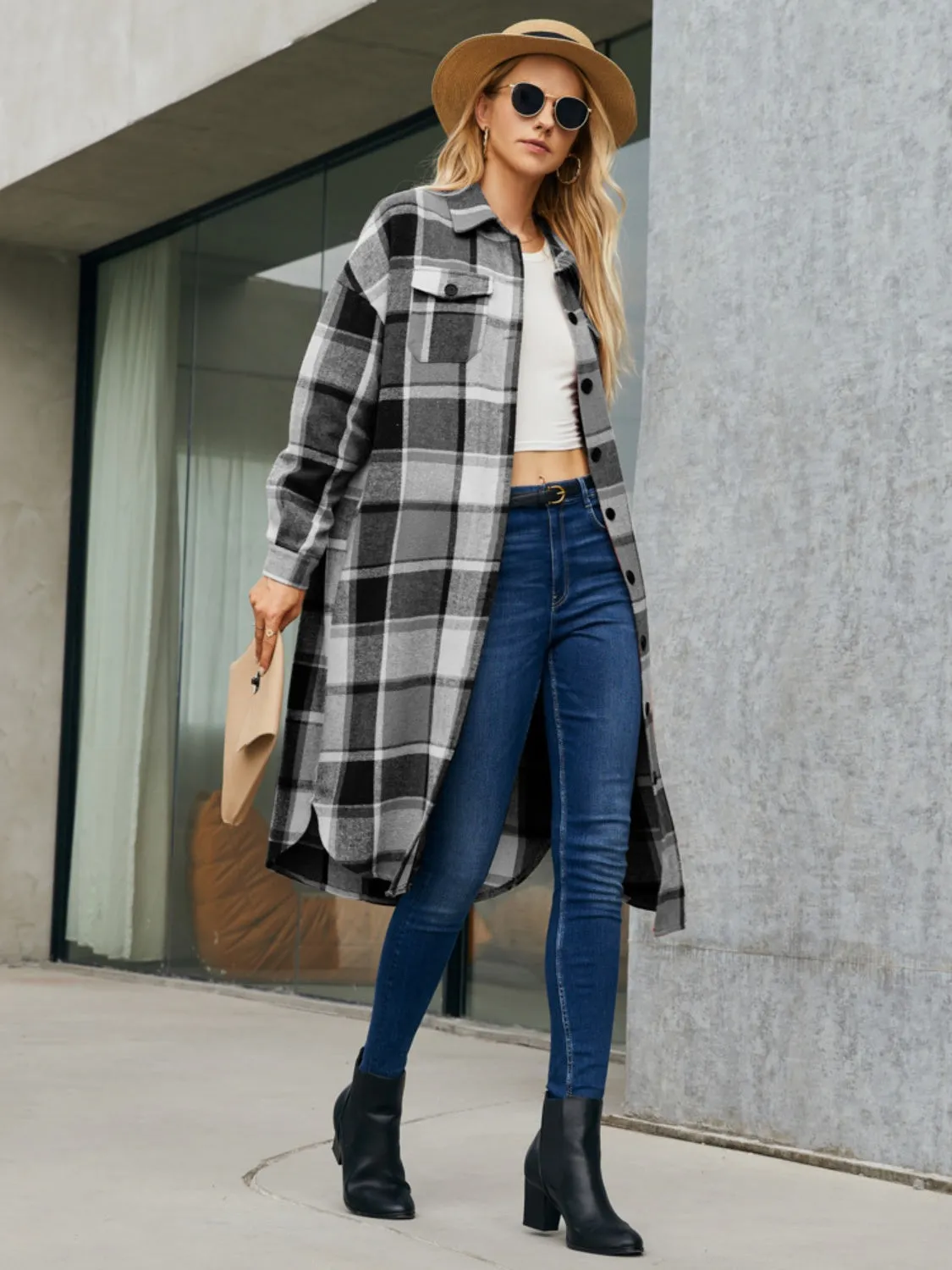 Plaid Pocketed Button Up Trench Coat