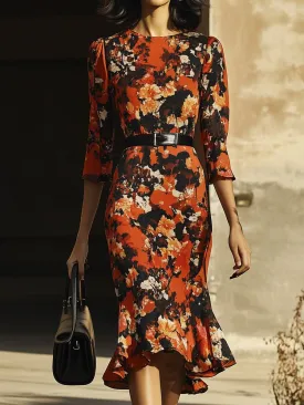 Retro Elegant Slim Printed Fishtail Hem Midi Dress