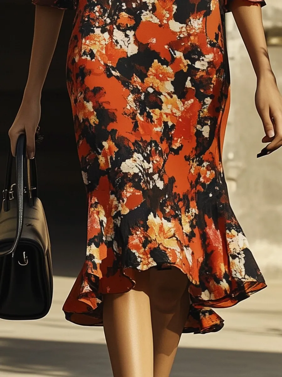 Retro Elegant Slim Printed Fishtail Hem Midi Dress