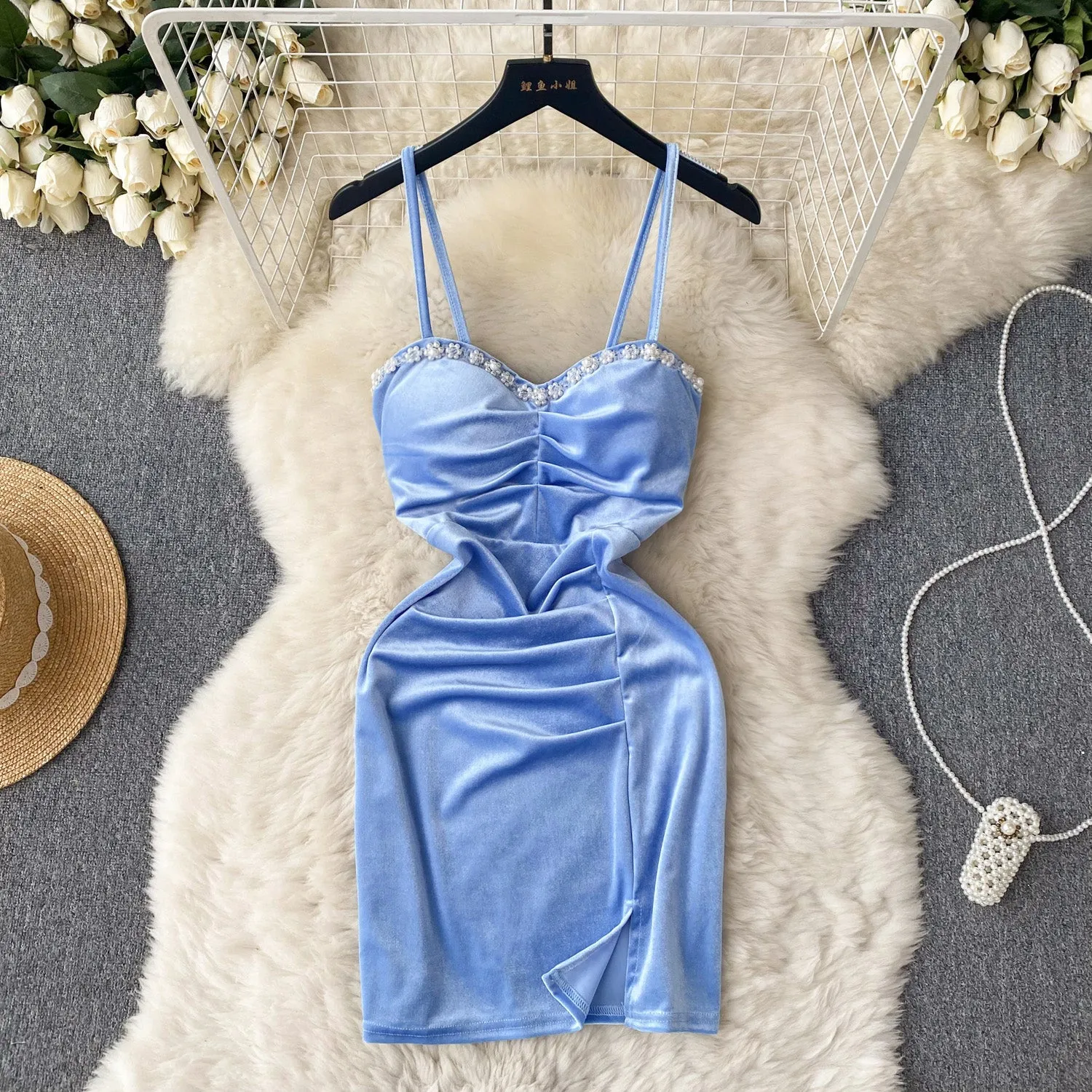 Rhinestone Studded Suede Slip Dress