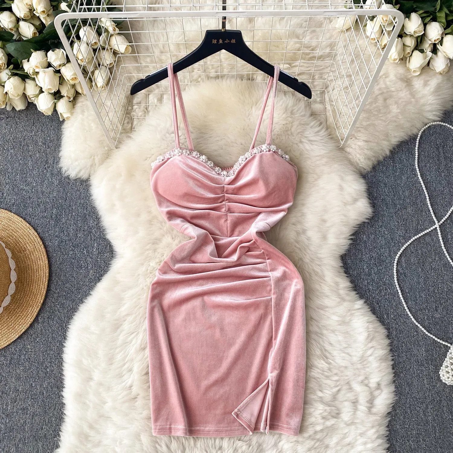 Rhinestone Studded Suede Slip Dress