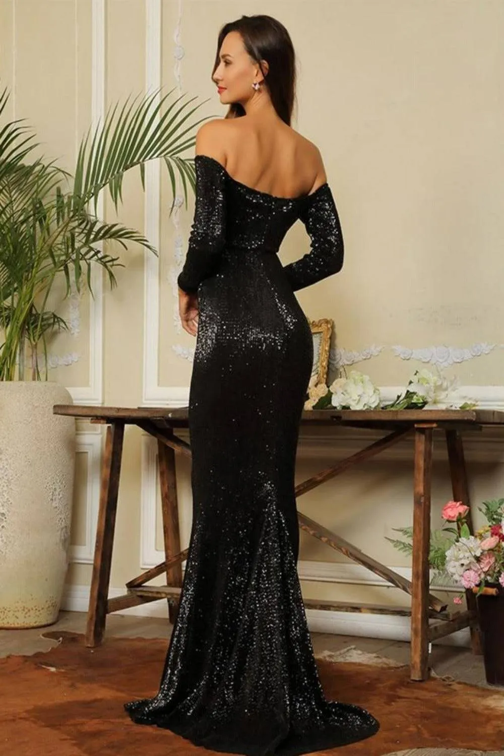 Sequin Long Sleeve Off Shoulder Maxi Dress - Black