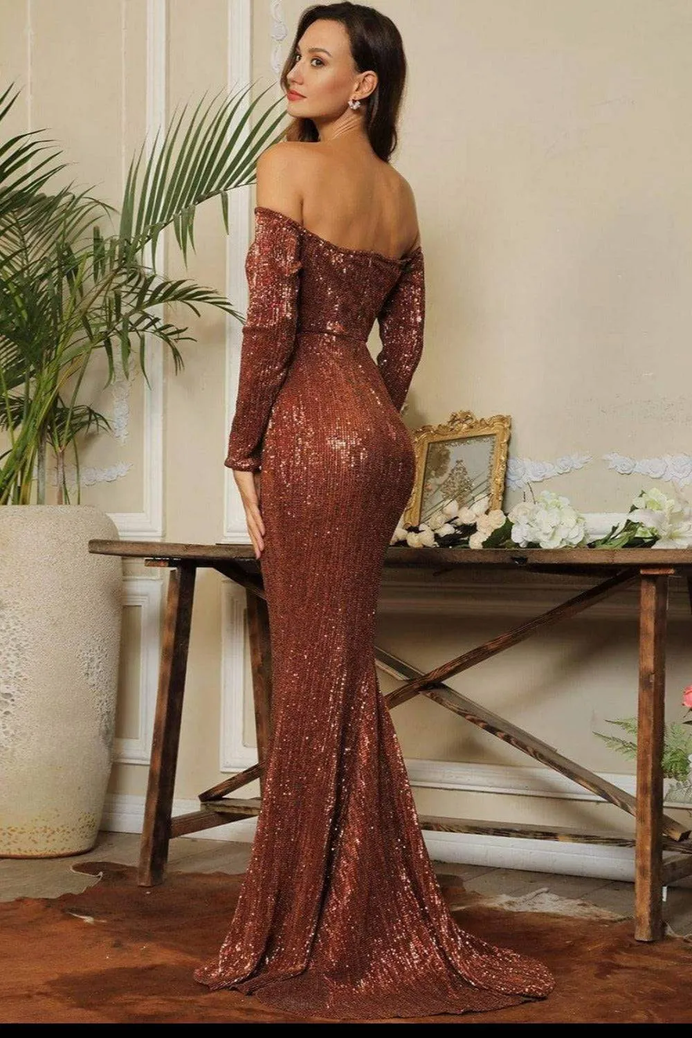 Sequin Long Sleeve Off Shoulder Mermaid Maxi Dress - Brown