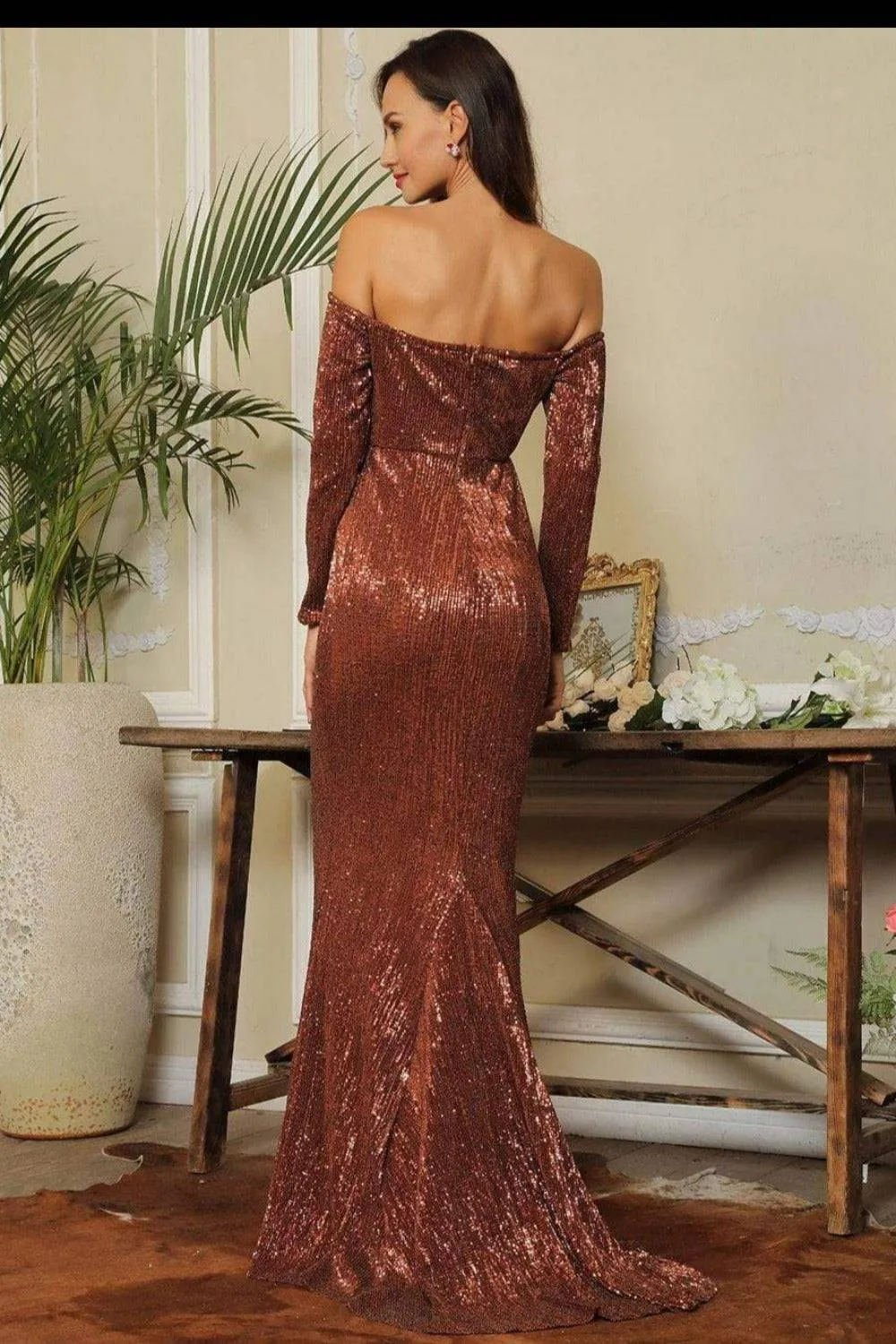 Sequin Long Sleeve Off Shoulder Mermaid Maxi Dress - Brown