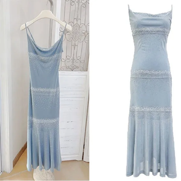 Sky Blue Starry Mermaid Midi Slip Dress