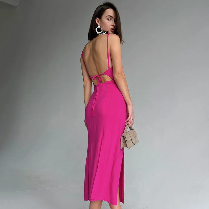 Spaghetti Backless V Neck Sexy Pink Slim Slip Casual Dress