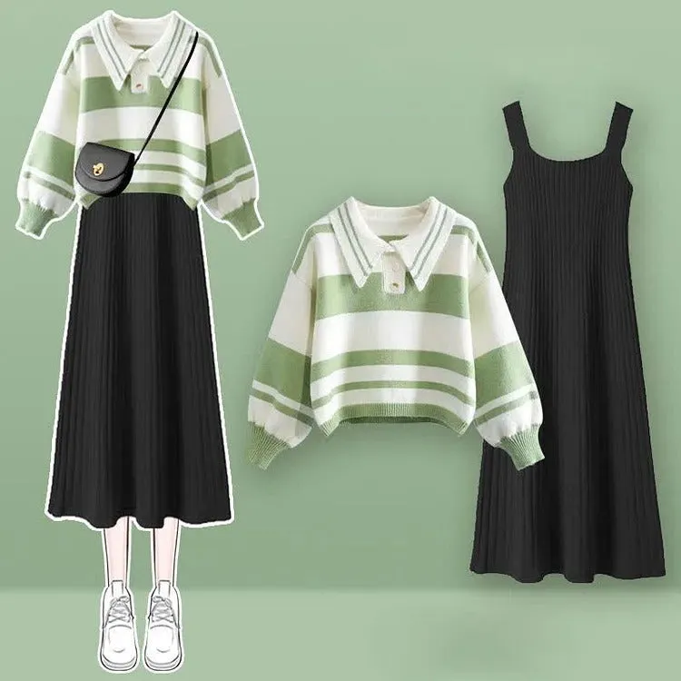 Striped Colorblock Sweater Slip Dress Two Piece Set