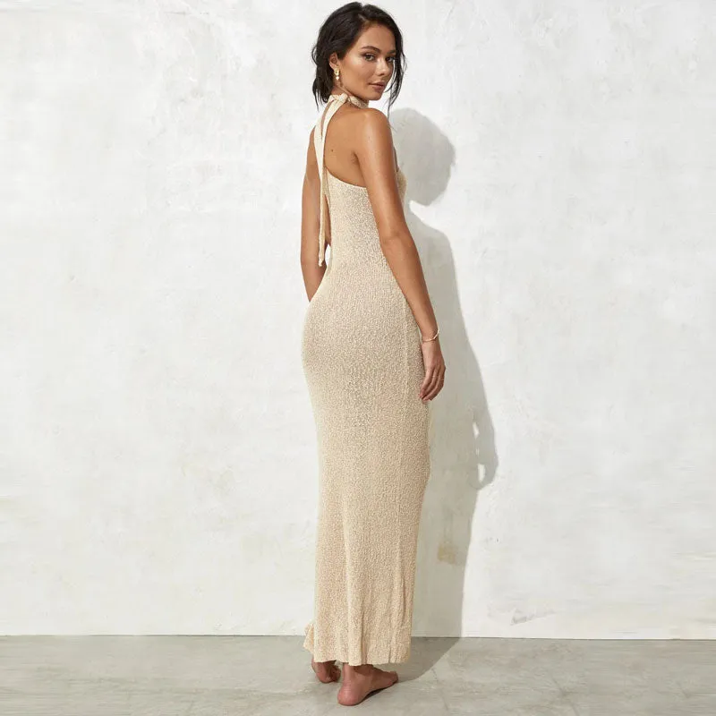 Sultry One Shoulder Halter Sleeveless Cutout Maxi Cover Up Knit Dress