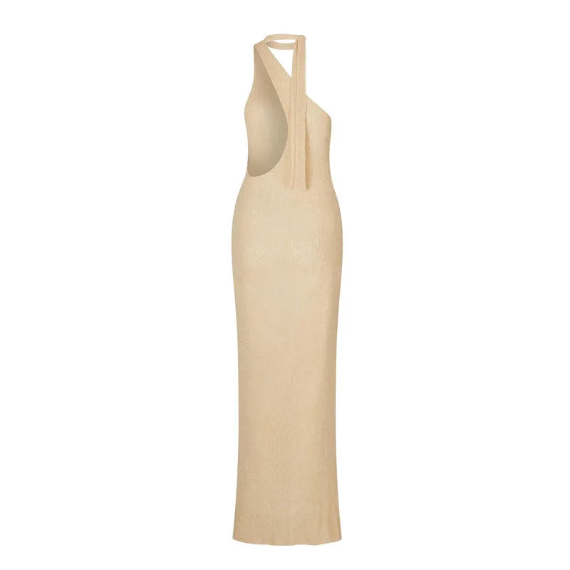 Sultry One Shoulder Halter Sleeveless Cutout Maxi Cover Up Knit Dress