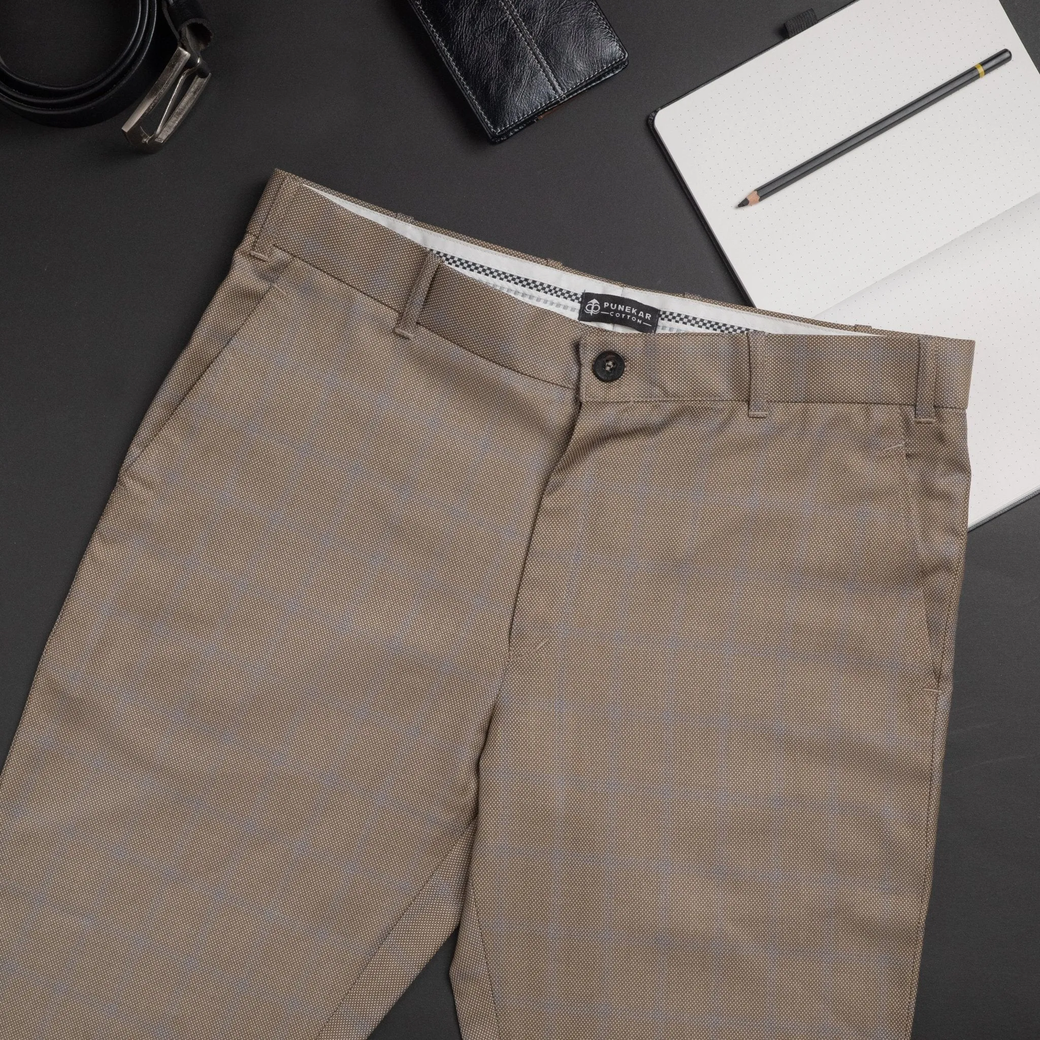 Tan color check blend cotton trousers pant for men