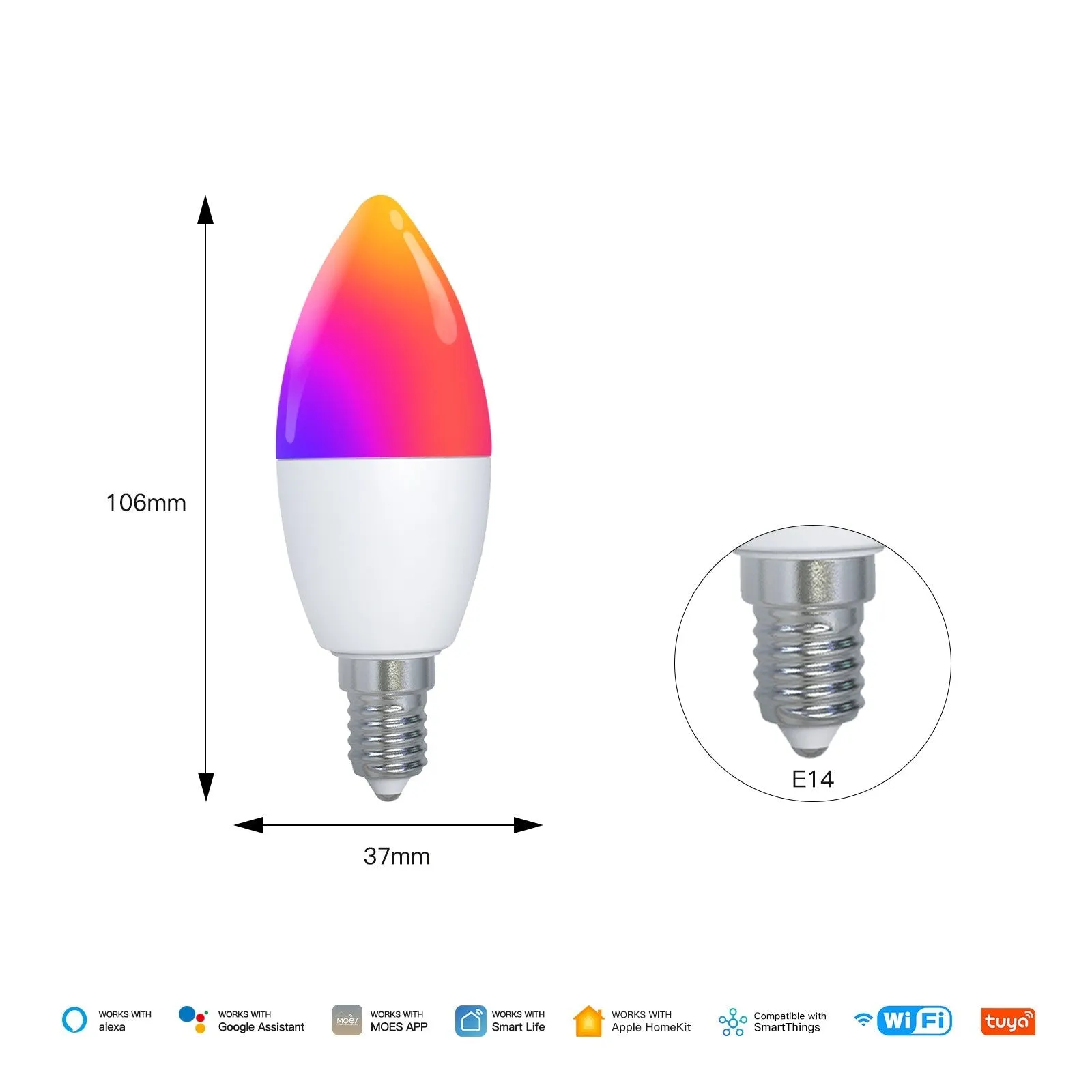 Tuya Matter WiFi Smart LED E14 Dimmable Light Bulbs 2700-6500K RGB