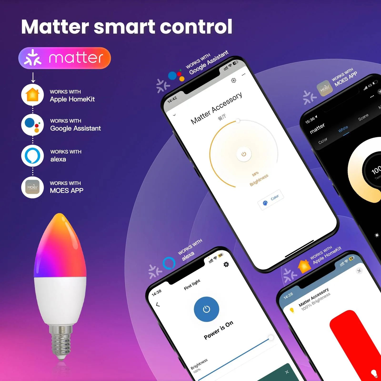 Tuya Matter WiFi Smart LED E14 Dimmable Light Bulbs 2700-6500K RGB