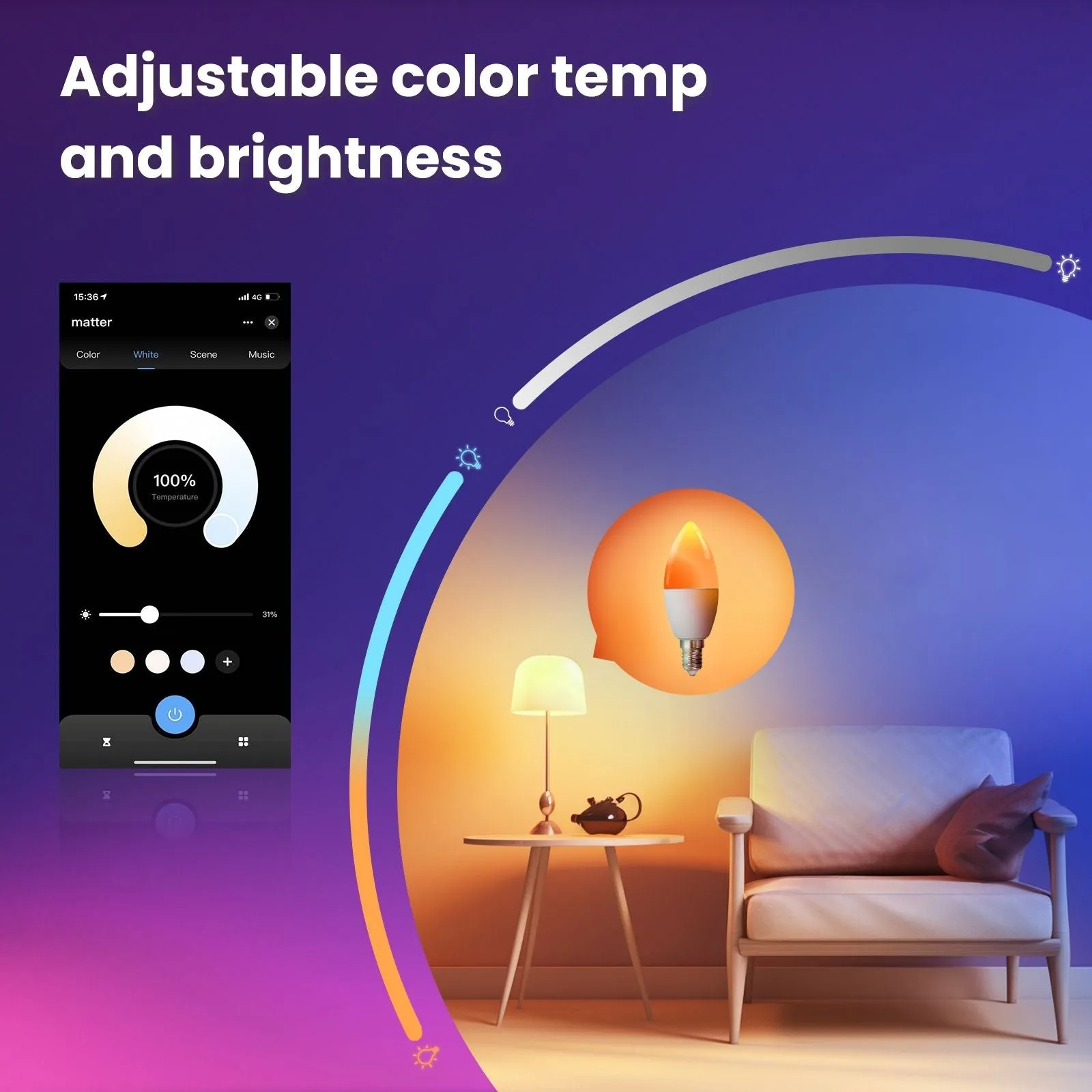 Tuya Matter WiFi Smart LED E14 Dimmable Light Bulbs 2700-6500K RGB