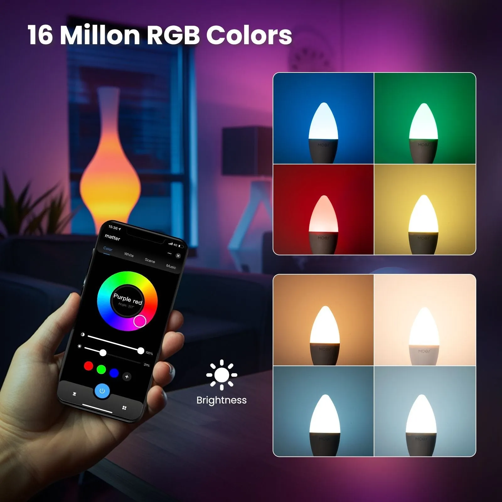 Tuya Matter WiFi Smart LED E14 Dimmable Light Bulbs 2700-6500K RGB