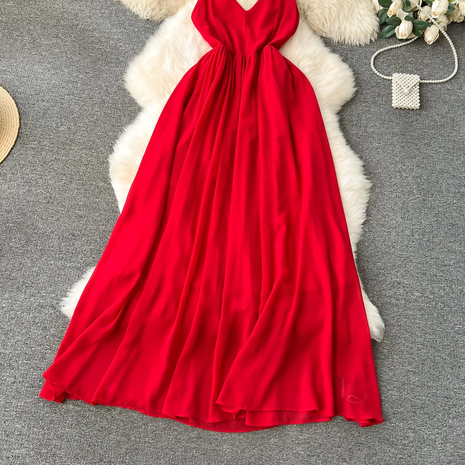 V-neck Backless Red Slip Dress