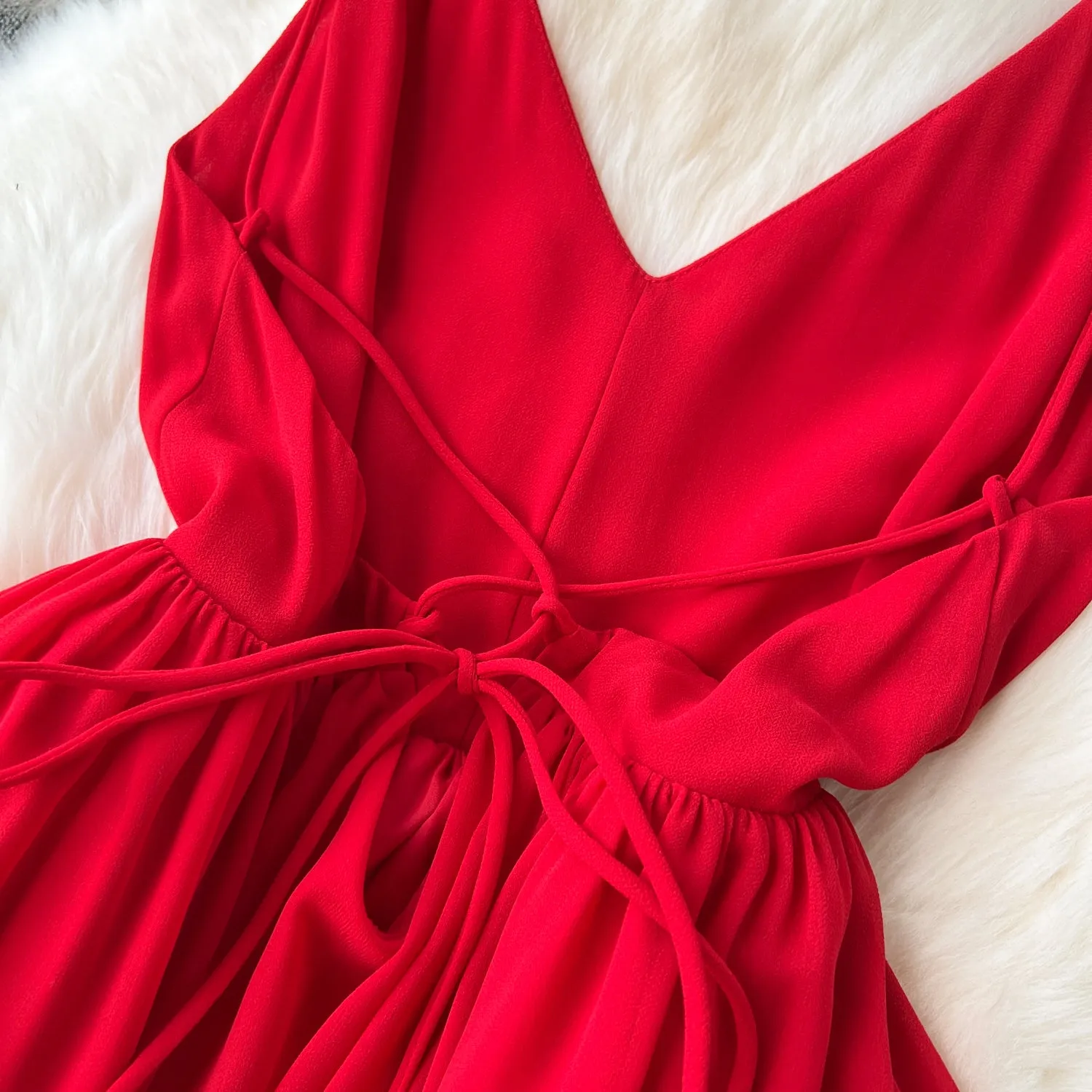 V-neck Backless Red Slip Dress