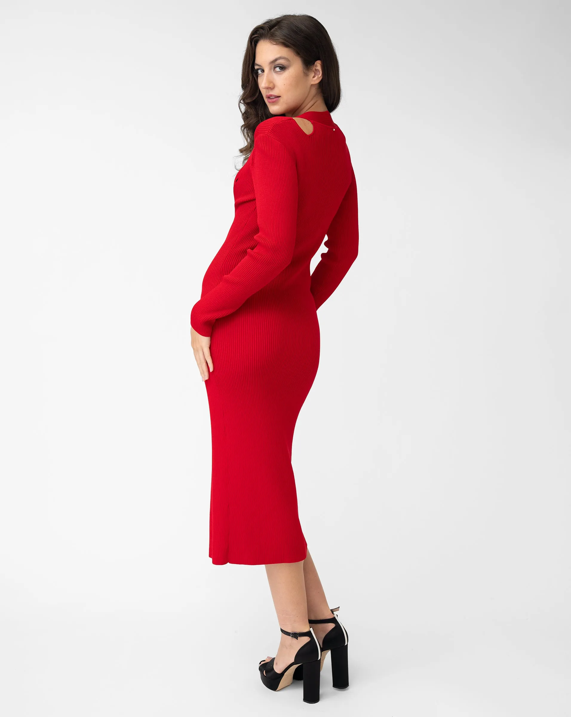 V-Neck Ribbed Midi Sweater Dress