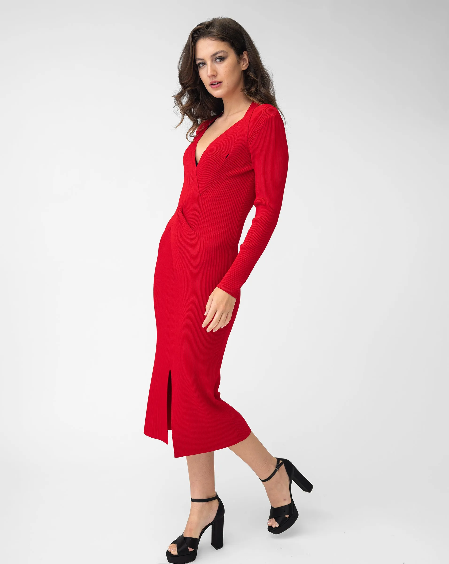 V-Neck Ribbed Midi Sweater Dress