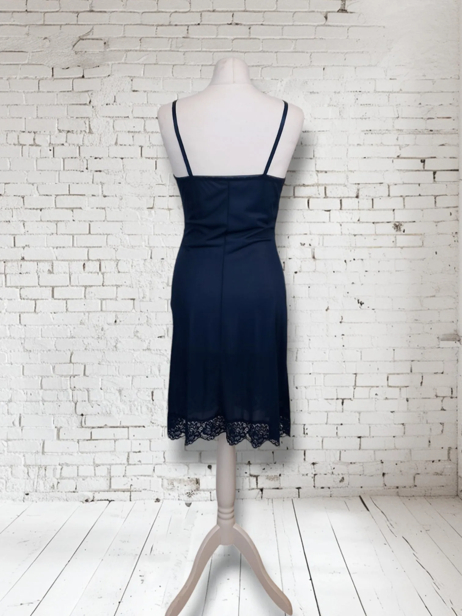 Vintage Navy 1960s St Michaels Satin Slip Lingerie Dress with lace trim UK 10