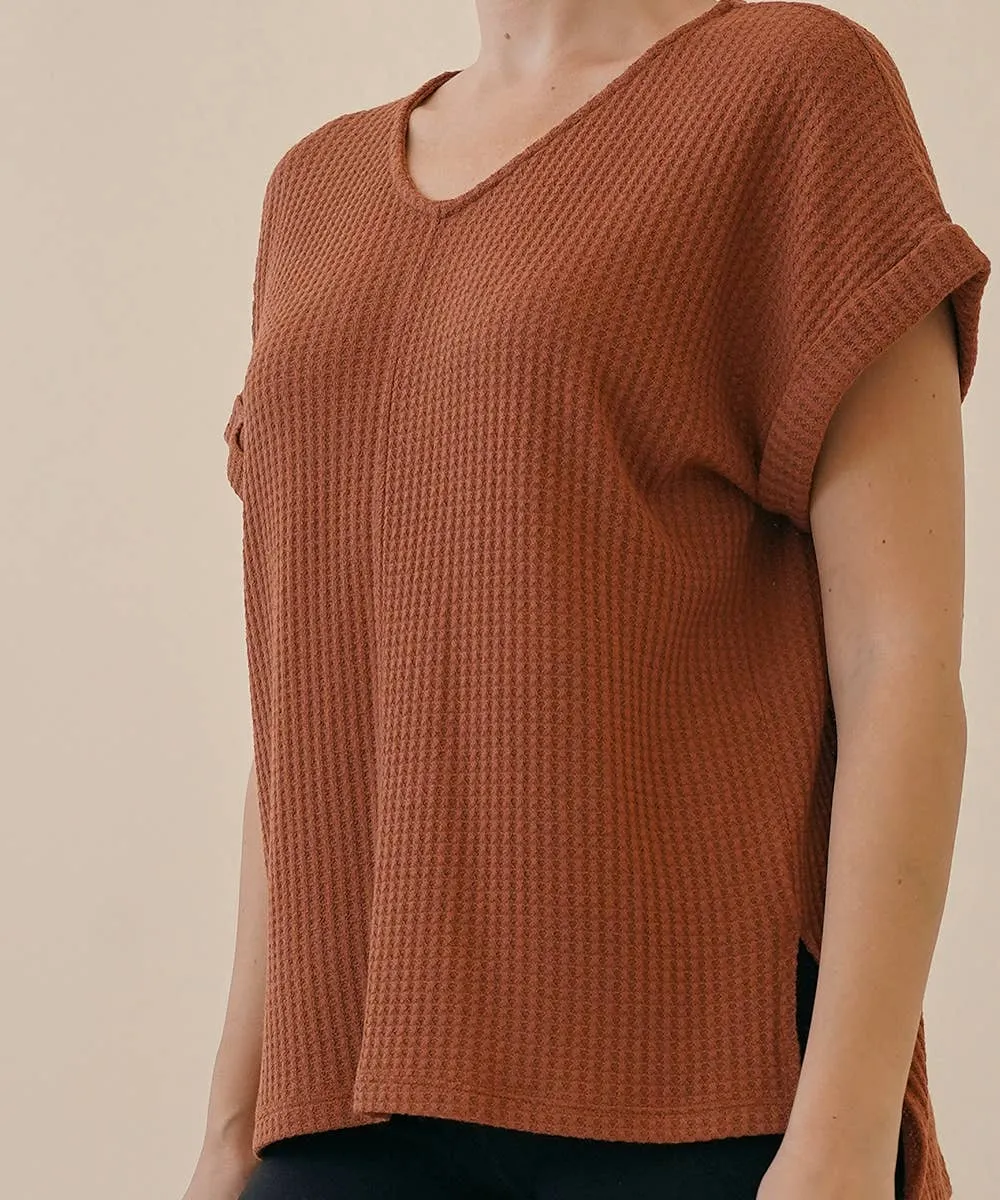 Waffle Crop Sleeve Dolman Tunic in Rust