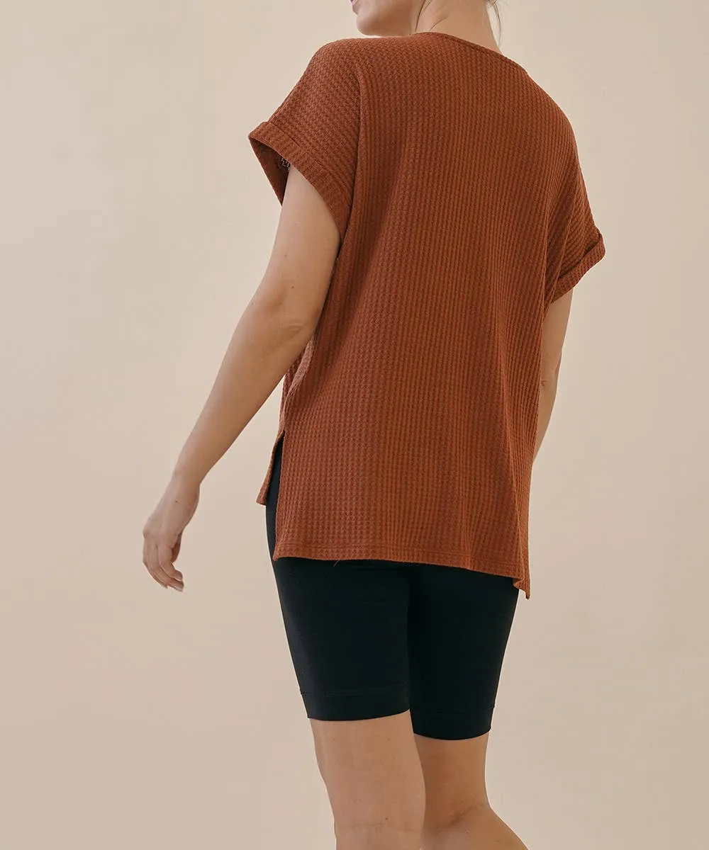 Waffle Crop Sleeve Dolman Tunic in Rust