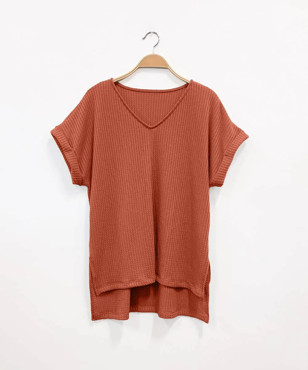 Waffle Crop Sleeve Dolman Tunic in Rust