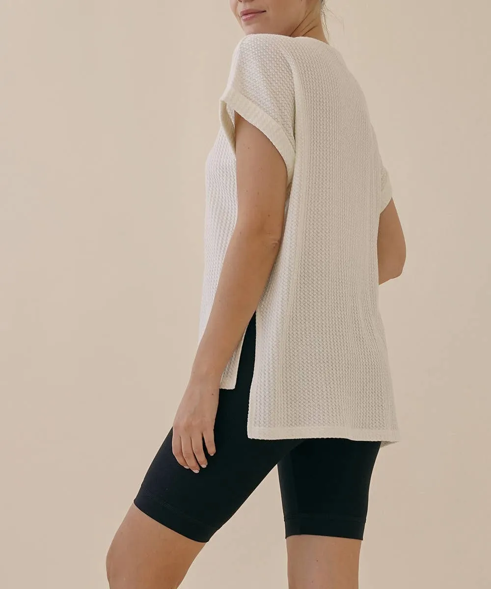 Waffle Crop Sleeve Dolman Tunic in White