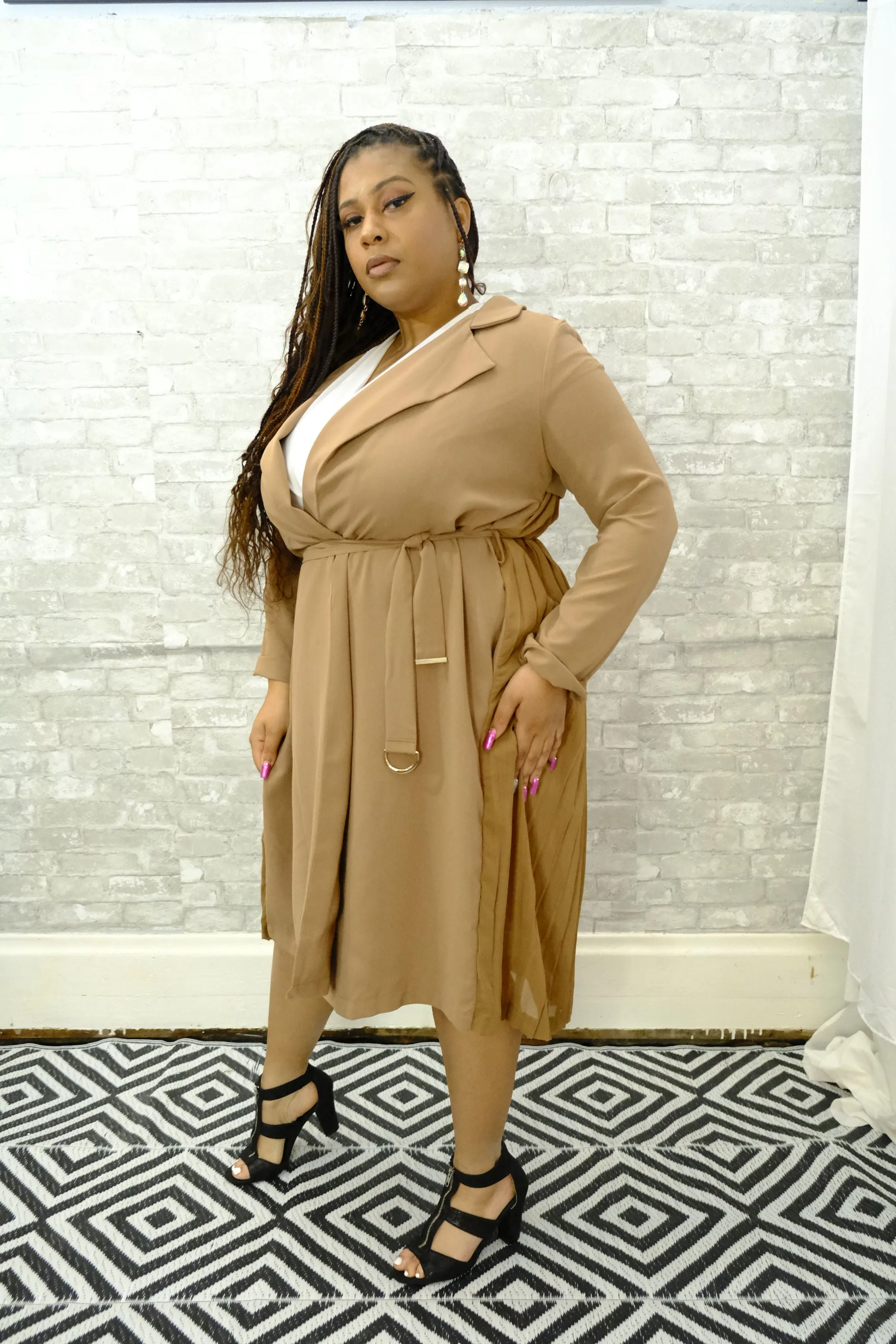 Willow, Trench Coat with Back Sheer Pleats Midi Jacket w/ belt