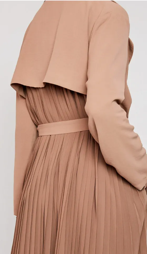 Willow, Trench Coat with Back Sheer Pleats Midi Jacket w/ belt