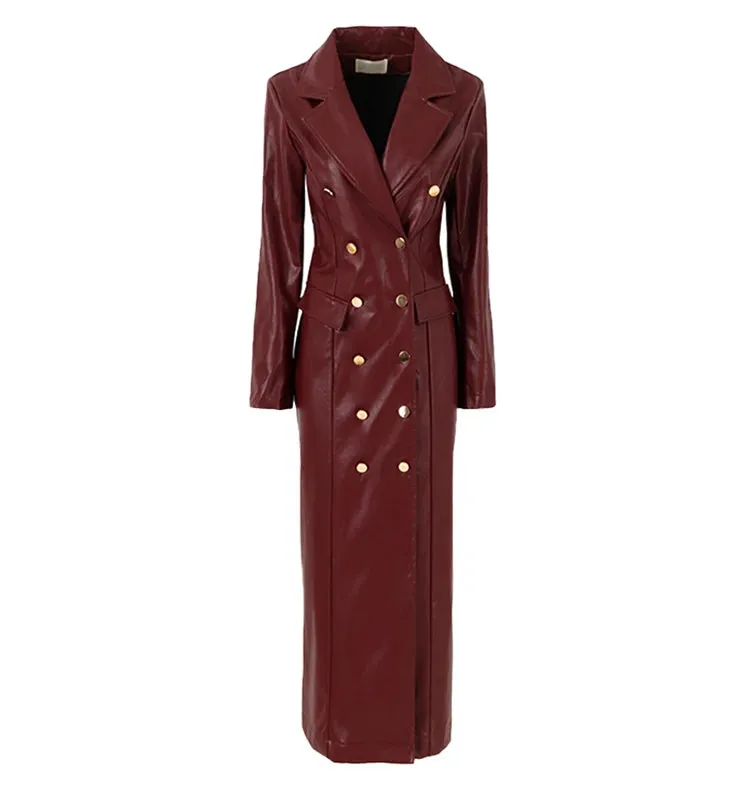 Women's Designer Faux Leather Extra Long Trench Coat