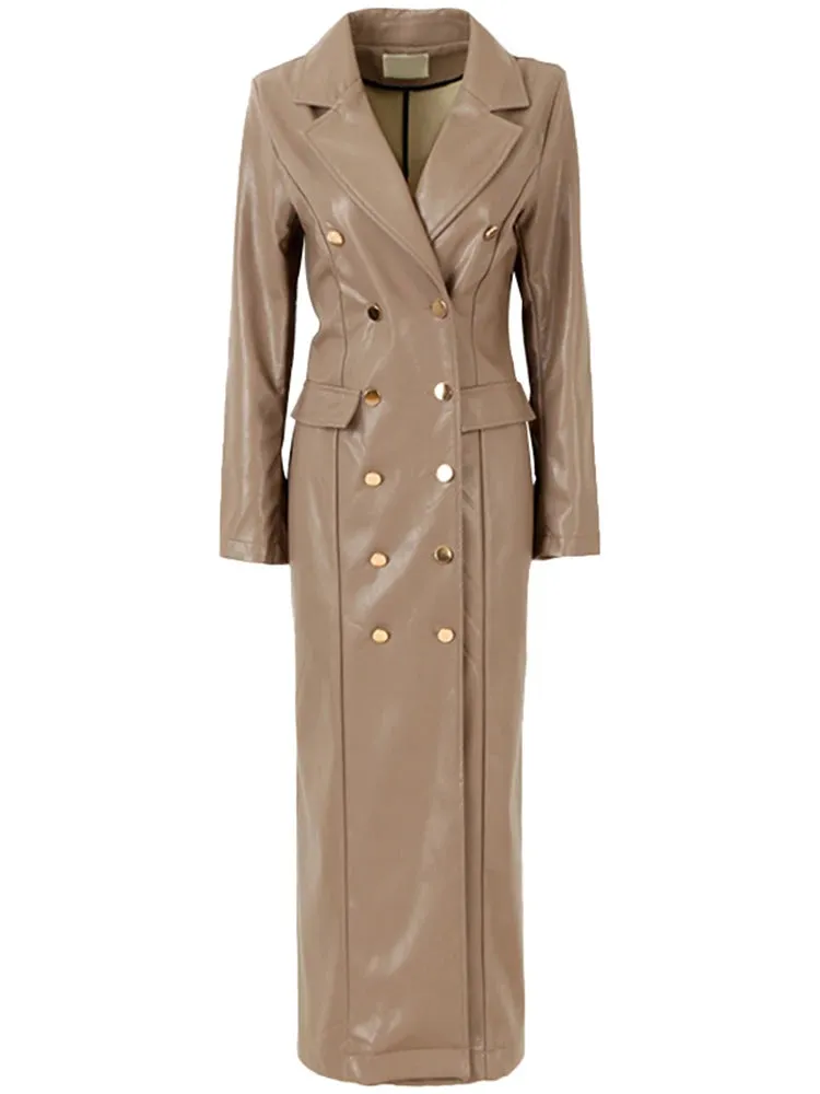 Women's Designer Faux Leather Extra Long Trench Coat