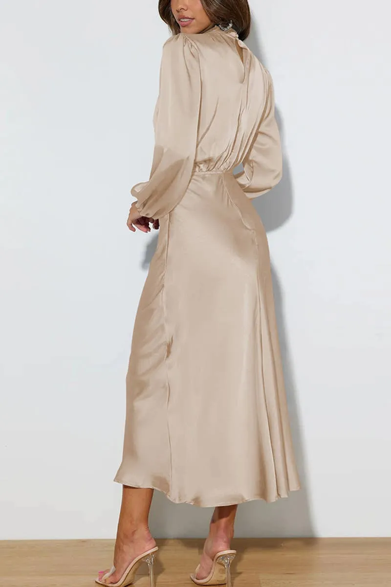 Women's elegant champagne satin midi dress