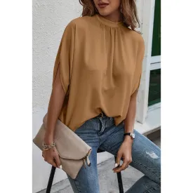 Women's Solid Cape Short Sleeve Loose Top / BROWN