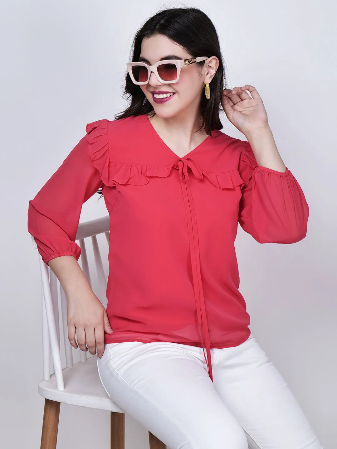 Women's Tie-Up Neck Georgette Red Top